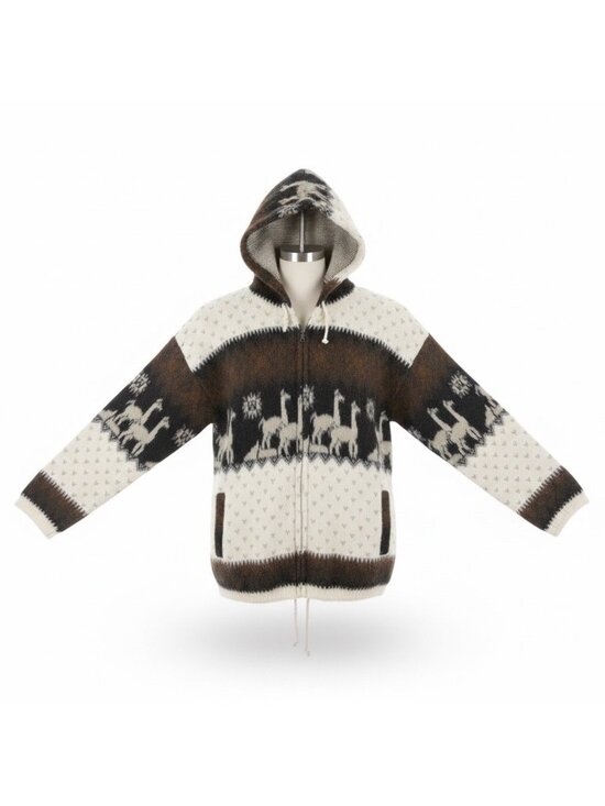 Yari Artesanias Sweaters - Yari Artesanias Unisex Brown & White Wool Alpaca Pattern Full-Zip Sweater Hoodie